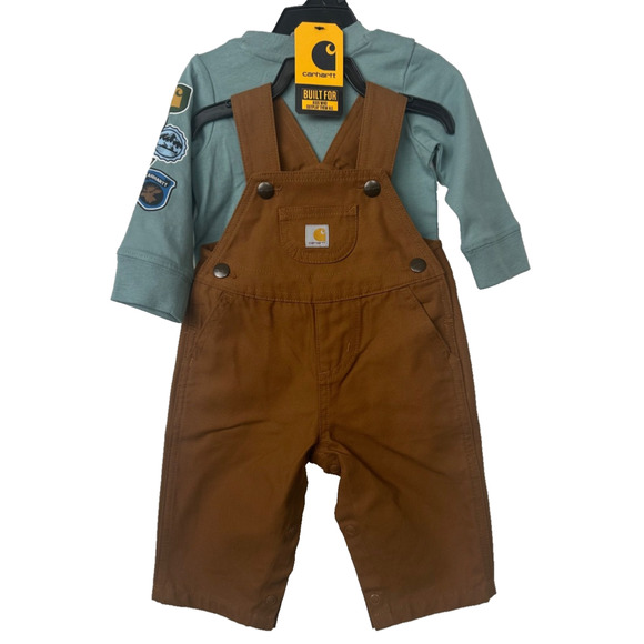 NEW CARTER'S Boys 2 Piece Set Canvas Overalls and Blue LS Shirt 6M Farm A18 - Picture 1 of 5
